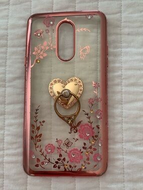 Clear Pink Floral Phone Case with Rose Gold Heart Ring Grip - IPhone XS Max